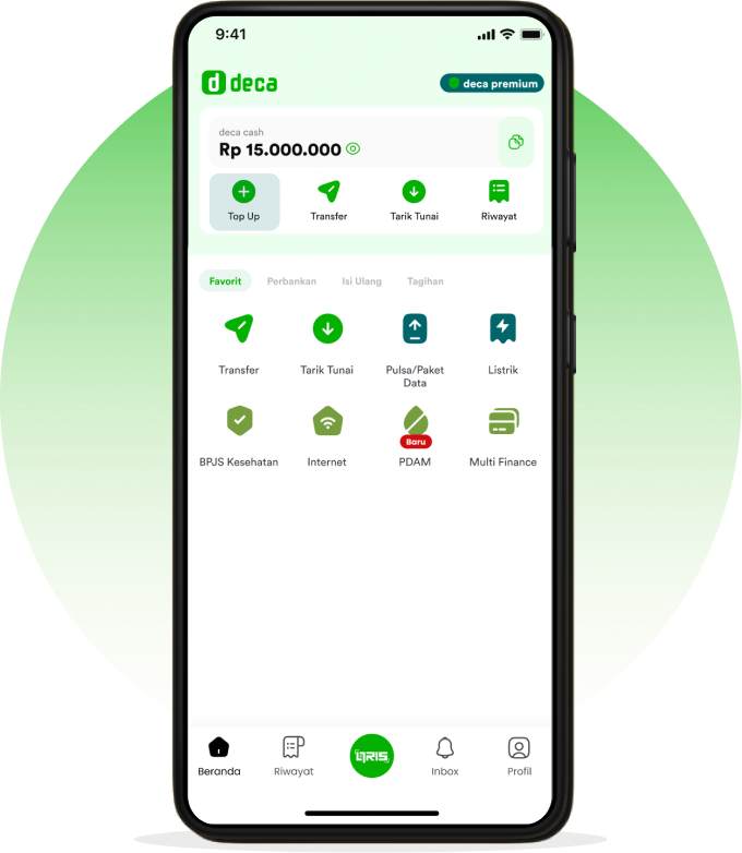 Beranda aplikasi DECA: saldo deca cash Rp 15.000.000, pintasan Top Up, Transfer, Tarik Tunai dan Riwayat, serta grid layanan Pulsa/Paket Data, Listrik, BPJS Kesehatan, Internet dan PDAM.