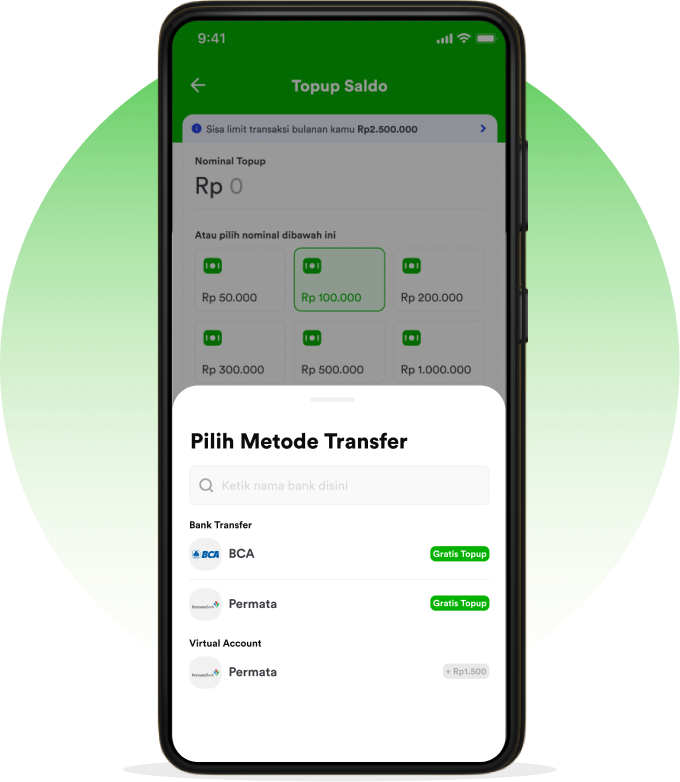Layar Topup Saldo DECA: pilihan nominal Rp 50.000 sampai Rp 1.000.000 dan panel Pilih Metode Transfer berisi BCA, Permata, dan Virtual Account Permata.
