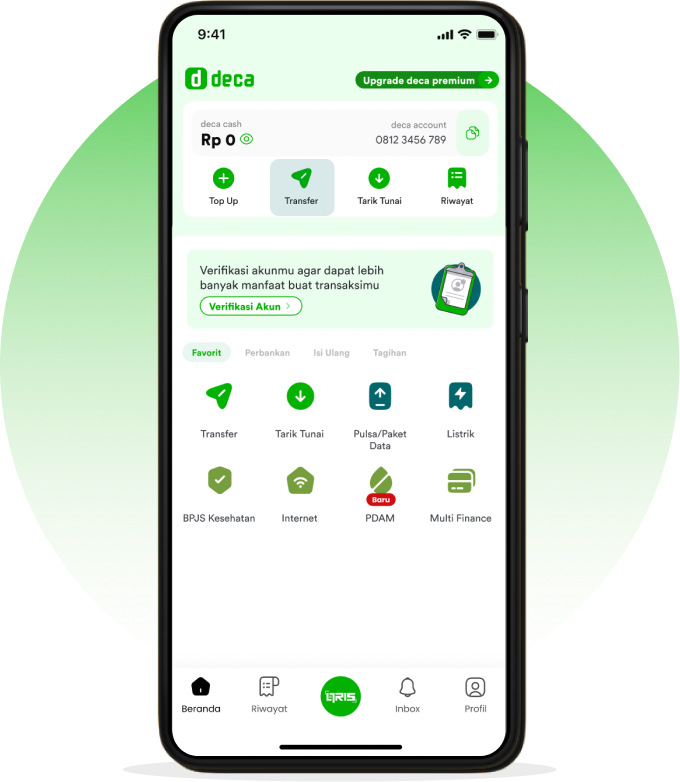 Beranda aplikasi DECA dengan pintasan Transfer terpilih di antara Top Up, Transfer, Tarik Tunai, dan Riwayat.