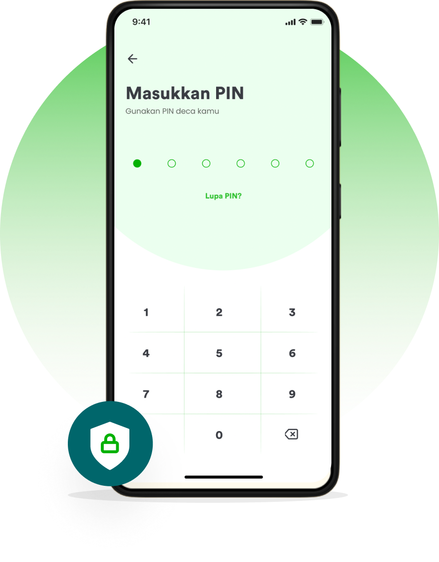 Layar Masukkan PIN aplikasi DECA dengan enam titik PIN, tombol Lupa PIN, papan angka, dan lambang gembok pada lingkaran hijau tua.